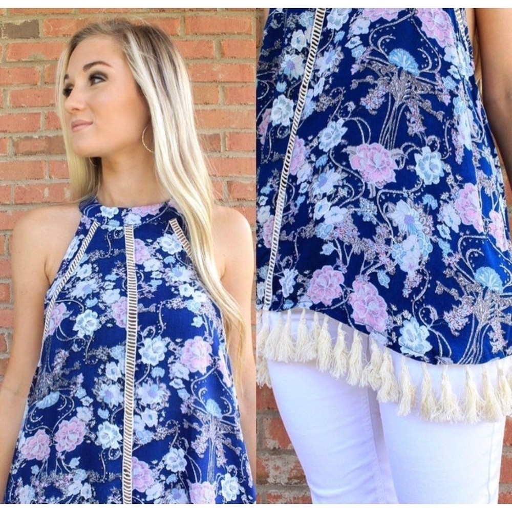 Womens Boutique Navy Floral Tassel Top